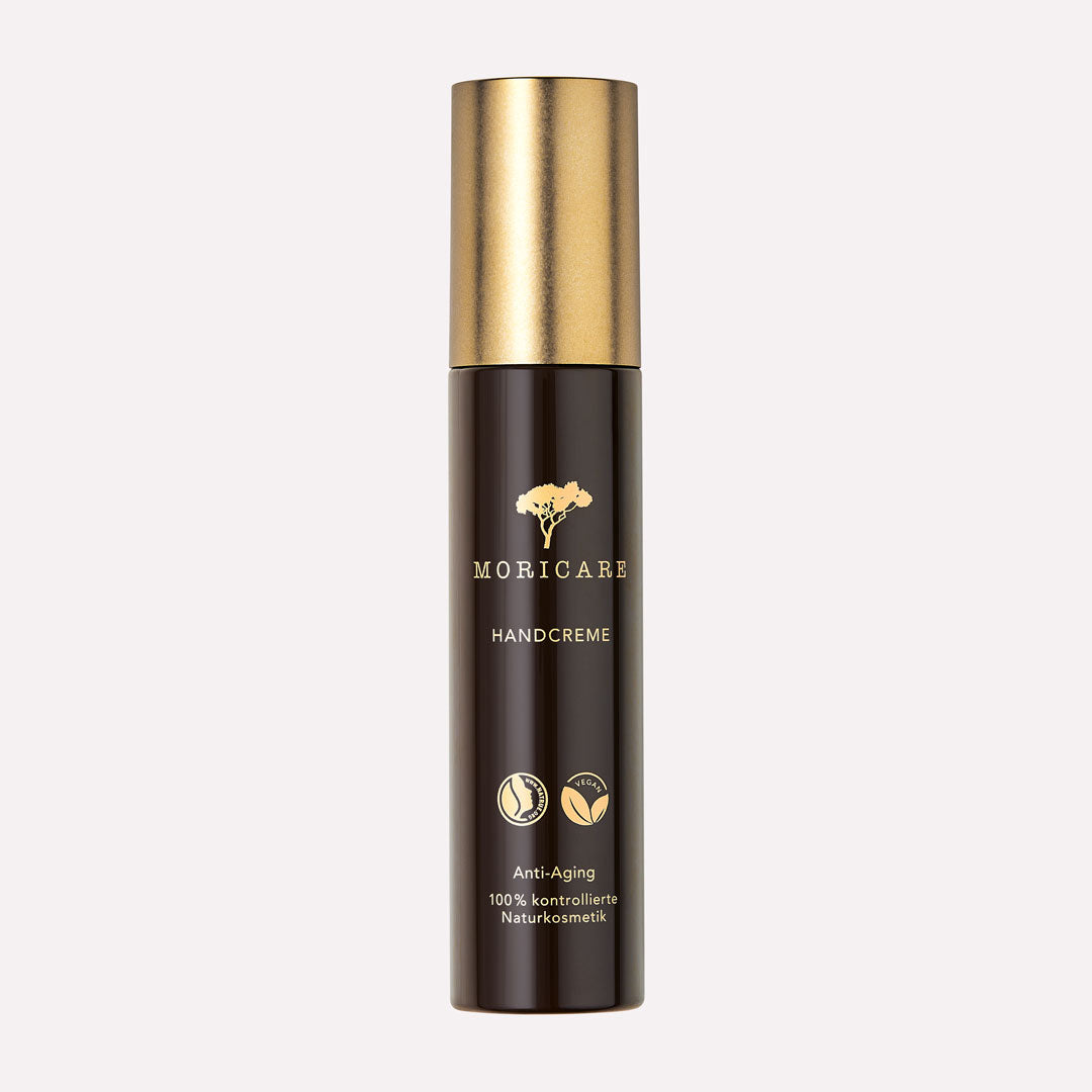 Handcreme Anti-Aging mit Hyaluron Naturkosmetik vegan in praktischer Tube mit Spender von Moricare 100% kontrollierte Naturkosmetik