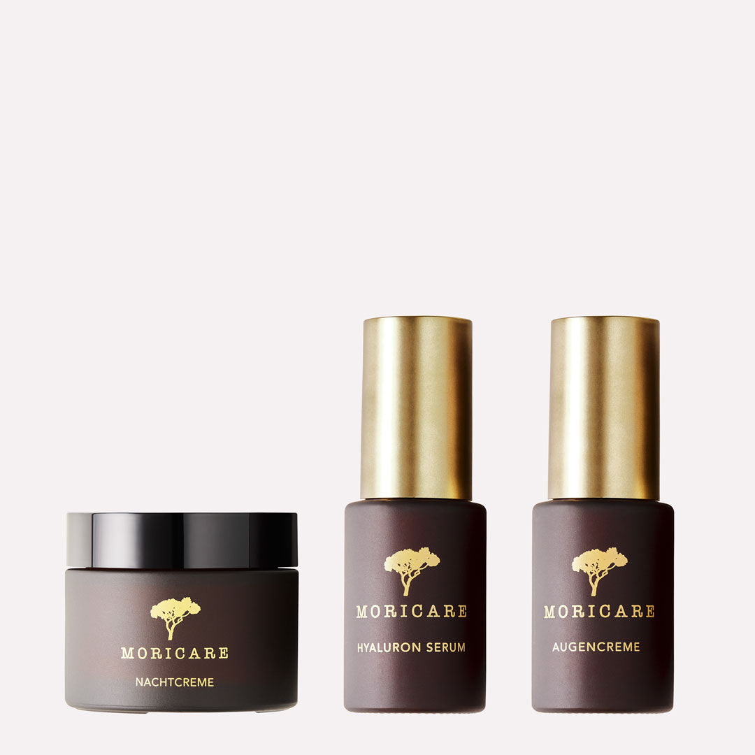 Veganes Gesichtspflegeset für die Nacht mit Nachtcreme Hyaluron Serum und Augencreme von MORICARE Naturkosmetik