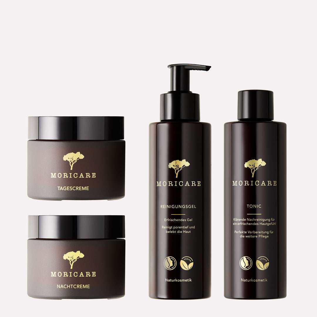 vegane Tagescreme und Nachtcreme und milde Gesichtsreinigung Naturkosmetik Moricare