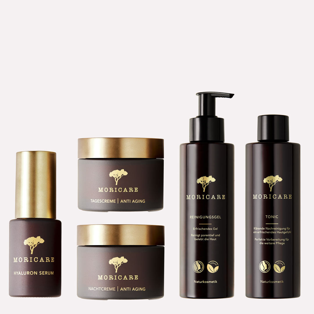 MORICARE veganes Gesichtspflege Set Mit Crmes Hyaluron Serum und Gesichtswasser und Reinigungsgel