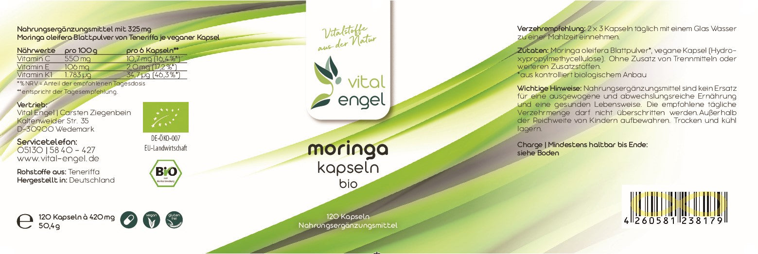 Bio Moringa Kapseln 120 Stück Bio Siegel Vital Engel aus Teneriffa