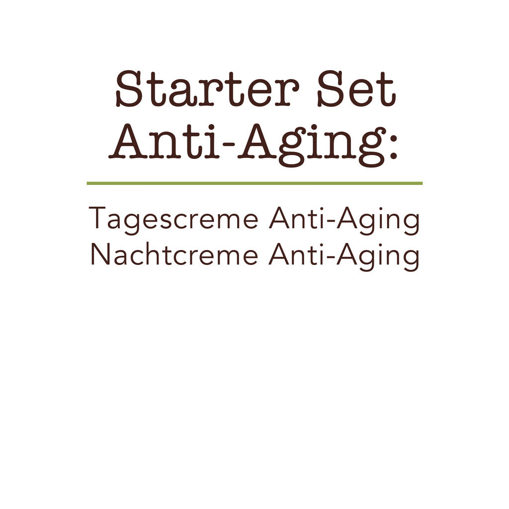 Hinweisschild mit Text über Inhalt Starter Set Tagescreme Anti Aging Nachtcreme Anti Aging